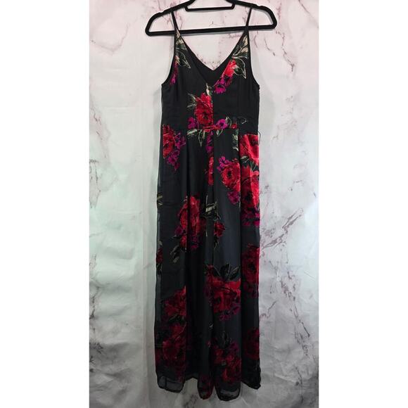 Ett Twa Jumpsuit Womens Small Black Red Floral Velvet Burnout Spaghetti - Picture 1 of 13